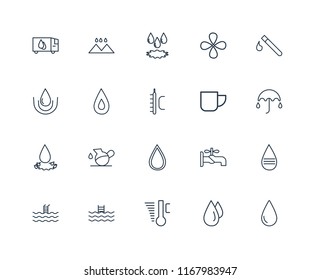 Set Of 20 linear icons such as Drop, Drops, Temperature, Swimming pool, Test tube, Mug, Water drop, Water, editable stroke vector icon pack