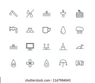 Set Of 20 linear icons such as Delivery truck, Umbrella, Water, Drop, Message, Hose, Drops, Swimming pool, Rainy Landscape, editable stroke vector icon pack