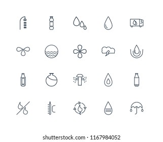 Set Of 20 linear icons such as Umbrella, Message, Water cycle, Temperature, Percent, Delivery truck, Storm, Sprinkler, Bottle, Waves, Drops, editable stroke vector icon pack