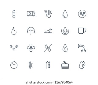 Set Of 20 linear icons such as Drops, Hose, Shower, Temperature, Canteen, H2o, Drop, Percent, Umbrella, editable stroke vector icon pack