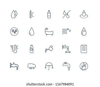 Set Of 20 linear icons such as No water, Watertap, Umbrella, Rain, Water, Watering, Temperature, Drop, Bottle, editable stroke vector icon pack