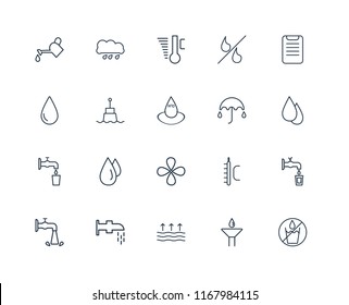 Set Of 20 linear icons such as No water, Drop, Evaporation, Watertap, Water, Clipboard, Umbrella, Buoy, Temperature, editable stroke vector icon pack