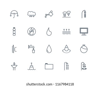 Set Of 20 linear icons such as Shower, Water Container, Buoy, Drop, Evaporation, Temperature, No water, Watering, editable stroke vector icon pack