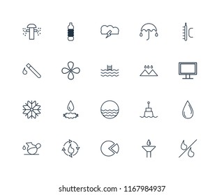 Set Of 20 linear icons such as Percent, Drop, Pie chart, Water cycle, Pitcher, Temperature, Rainy Landscape, Waves, Snow, Storm, editable stroke vector icon pack