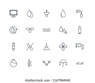 Set Of 20 linear icons such as Waves, Umbrella, H2o, Temperature, Canteen, Water, Drops, Buoy, Drop, editable stroke vector icon pack