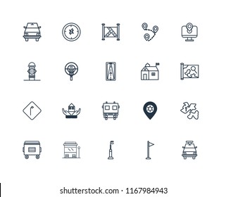 Set Of 20 linear icons such as Police car, Flag, Street light, Bus stop, Recycle bin, Map, Hall, Fire truck, Turn, Parking meter, editable stroke vector icon pack