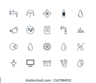 Set Of 20 linear icons such as Drops, Temperature, Battery, Monitor, Drop, Water drop, Water, Snow, Pie chart, H2o, editable stroke vector icon pack