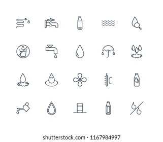Set Of 20 linear icons such as Percent, Bottle, Glass of water, Drop, Watering, Umbrella, Water drop, Watertap, editable stroke vector icon pack