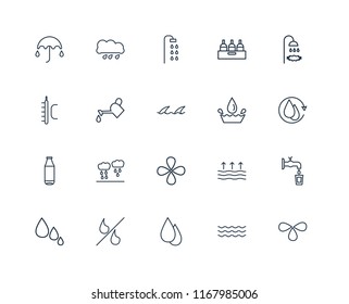 Set Of 20 linear icons such as Drops, Water, Drop, Percent, Shower, Bottle, Watering, editable stroke vector icon pack