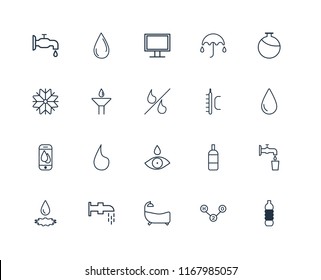 Set Of 20 linear icons such as Water Bottle, H2o, Bathtub, Watertap, Drop, Canteen, Temperature, Smartphone, Monitor, editable stroke vector icon pack