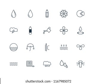 Set Of 20 linear icons such as Sprinkler, Drops, Rain, Fire Hose, Water, Pie chart, Drop, Temperature, Waves, Water Bottle, editable stroke vector icon pack