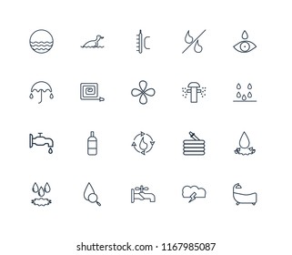 Set Of 20 linear icons such as Bathtub, Storm, Faucet, Drop, Sprinkler, Water cycle, Watertap, Fire Hose, Temperature, editable stroke vector icon pack