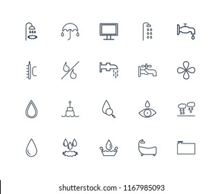 Set Of 20 linear icons such as Water Container, Bathtub, Water, Drop, Watertap, Faucet, Percent, Monitor, editable stroke vector icon pack