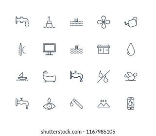 Set Of 20 linear icons such as Smartphone, Rainy Landscape, Test tube, Drop, Tap, Watering Can, Battery, Watertap, Sailboat, Monitor, Swimming pool, editable stroke vector icon pack