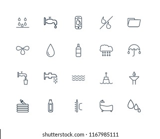 Set Of 20 linear icons such as Drops, Bathtub, Temperature, Bottle, Hose, Folder, Rain, Water, Drop, Smartphone, editable stroke vector icon pack