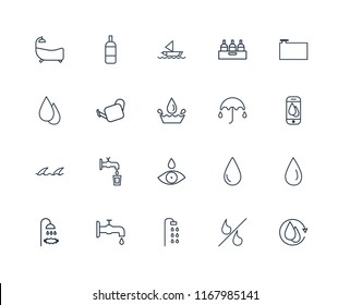 Set Of 20 linear icons such as Water cycle, Percent, Shower, Tap, Container, Umbrella, Drop, Waves, Watering Can, Sailboat, editable stroke vector icon pack