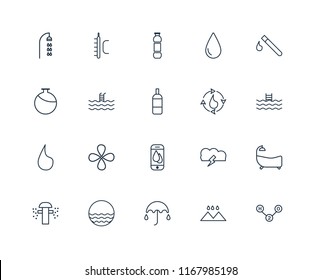 Set Of 20 linear icons such as H2o, Rainy Landscape, Umbrella, Waves, Sprinkler, Test tube, Water cycle, Smartphone, Drop, Swimming pool, Water, editable stroke vector icon pack