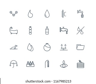 Set Of 20 linear icons such as Hose, Drop, Shower, Bottle, Umbrella, Water, Watertap, Canteen, Duck, editable stroke vector icon pack
