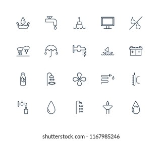 Set Of 20 linear icons such as H2o, Drop, Shower, Water, Percent, Sailboat, Bottle, Umbrella, Buoy, editable stroke vector icon pack