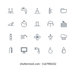 Set Of 20 linear icons such as H2o, Drop, Water, Monitor, Shower, Folder, Umbrella, Canteen, Buoy, editable stroke vector icon pack