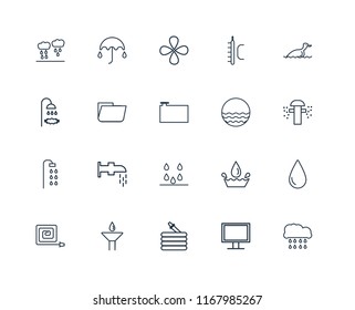 Set Of 20 linear icons such as Rain, Monitor, Hose, Drop, Fire Duck, Waves, Drops, Shower, Folder, editable stroke vector icon pack