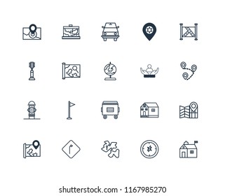 Set Of 20 linear icons such as Hall, Compass, Africa, Turn, Map, Social care, Recycle bin, Hydrant, Road sweeper, editable stroke vector icon pack