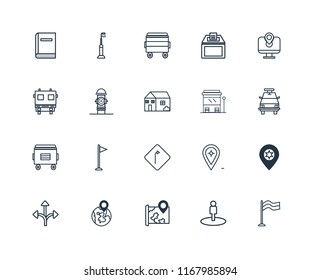 Set Of 20 linear icons such as Flag, Street view, Map, Globe, Turn, Bus stop, Recycle bin, Hydrant, Bin, editable stroke vector icon pack