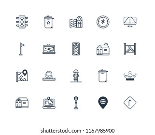 Set Of 20 linear icons such as Turn, Placeholder, Traffic light, Map, School, Gps, Church, Hydrant, editable stroke vector icon pack