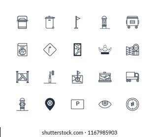 Set Of 20 linear icons such as Compass, Globe, Parking, Placeholder, Hydrant, Recycle bin, Social care, Map, Turn, Flag, editable stroke vector icon pack