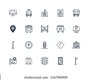 Set Of 20 linear icons such as Flag, Map, Traffic lights, Bus stop, Fire truck, Recycle bin, Hydrant, Street light, Trash editable stroke vector icon pack
