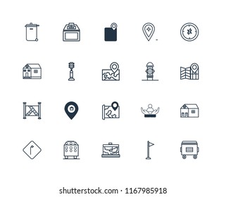 Set Of 20 linear icons such as Recycle bin, Flag, Map, Recycling Turn, Compass, Hydrant, Traffic light, Gps, editable stroke vector icon pack