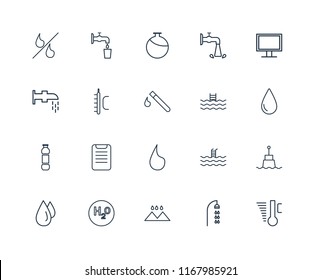 Set Of 20 linear icons such as Temperature, Shower, Rainy Landscape, H2o, Drops, Monitor, Swimming pool, Drop, Water, Canteen, editable stroke vector icon pack