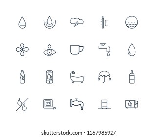 Set Of 20 linear icons such as Delivery truck, Glass of water, Watertap, Fire Hose, Percent, Waves, Bathtub, Bottle, Drop, Storm, editable stroke vector icon pack