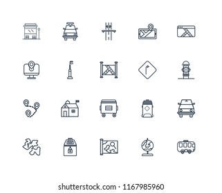 Set Of 20 linear icons such as Bus, Globe, Map, Elections, Africa, Turn, Recycle bin, Destination, Street light, Highway, editable stroke vector icon pack