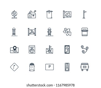 Set Of 20 linear icons such as Recycle bin, Gps, Parking, Recycling Turn, Flag, Africa, Map, Radar, editable stroke vector icon pack