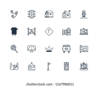 Set Of 20 linear icons such as Map, Flag, Hydrant, Social care, Search, School, editable stroke vector icon pack