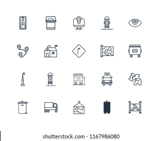 Set Of 20 linear icons such as Map, Tram, Garbage truck, Recycling bin, Globe, Bus stop, Street light, Hall, editable stroke vector icon pack