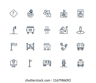 Set Of 20 linear icons such as Police car, Hydrant, Recycling truck, Flag, Map, Book, Hall, Bus stop, Recycle bin, Africa, editable stroke vector icon pack