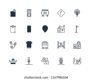 Set Of 20 linear icons such as Map, Hydrant, Africa, Parking, House, Parking meter, Hall, Recycling bin, Destination, Tram, Recycle editable stroke vector icon pack