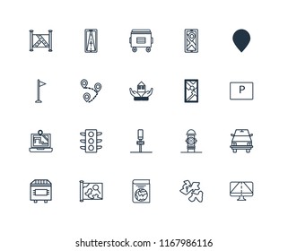Set Of 20 linear icons such as Gps, Africa, Book, Map, Trash bin, Placeholder, Parking, Destination, Recycle editable stroke vector icon pack