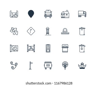 Set Of 20 linear icons such as House, Parking meter, Recycle bin, Flag, Destination, Garbage truck, Sewage, Gps, Map, Turn, School bus, editable stroke vector icon pack