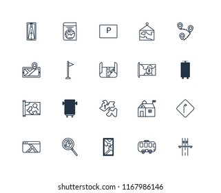 Set Of 20 linear icons such as Highway, Bus, Map, Search, Destination, Africa, Flag, Parking, editable stroke vector icon pack