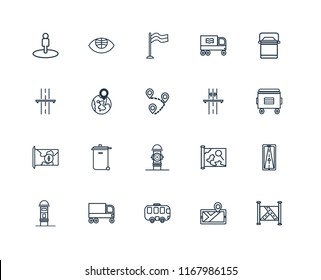 Set Of 20 linear icons such as Map, Bus, Garbage truck, Mailbox, Lunchbox, Highway, Hydrant, Globe, Flag, editable stroke vector icon pack
