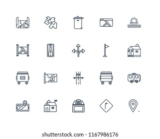 Set Of 20 linear icons such as Placeholder, Turn, Recycling bin, Hall, Map, Sewage, Flag, Highway, Recycle Gps, editable stroke vector icon pack