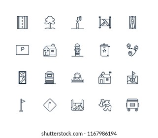 Set Of 20 linear icons such as Recycle bin, Africa, Map, Turn, Flag, Gps, Sewage, Church, Traffic light, editable stroke vector icon pack