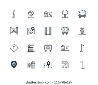 Set Of 20 linear icons such as Flag, Bus stop, Radar, Map, Placeholder, Road sweeper, Fire truck, Recycle bin, Turn, House, editable stroke vector icon pack
