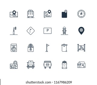 Set Of 20 linear icons such as House, Recycling bin, Recycle Road sweeper, Map, Compass, Hydrant, Flag, Book, Turn, editable stroke vector icon pack