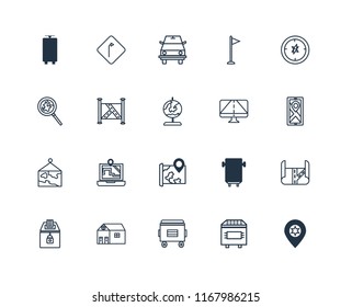 Set Of 20 linear icons such as Placeholder, Trash bin, Recycle Toilet, Elections, Compass, Gps, Map, Road sweeper, editable stroke vector icon pack