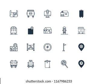 Set Of 20 linear icons such as Placeholder, Search, Trash bin, Police car, Fire truck, Tram, Hydrant, Compass, Map, Gps, editable stroke vector icon pack