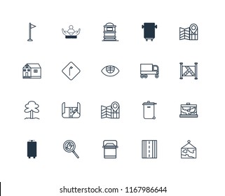 Set Of 20 linear icons such as Map, Road, Lunchbox, Search, Tram, Garbage truck, Park, Turn, Mailbox, editable stroke vector icon pack